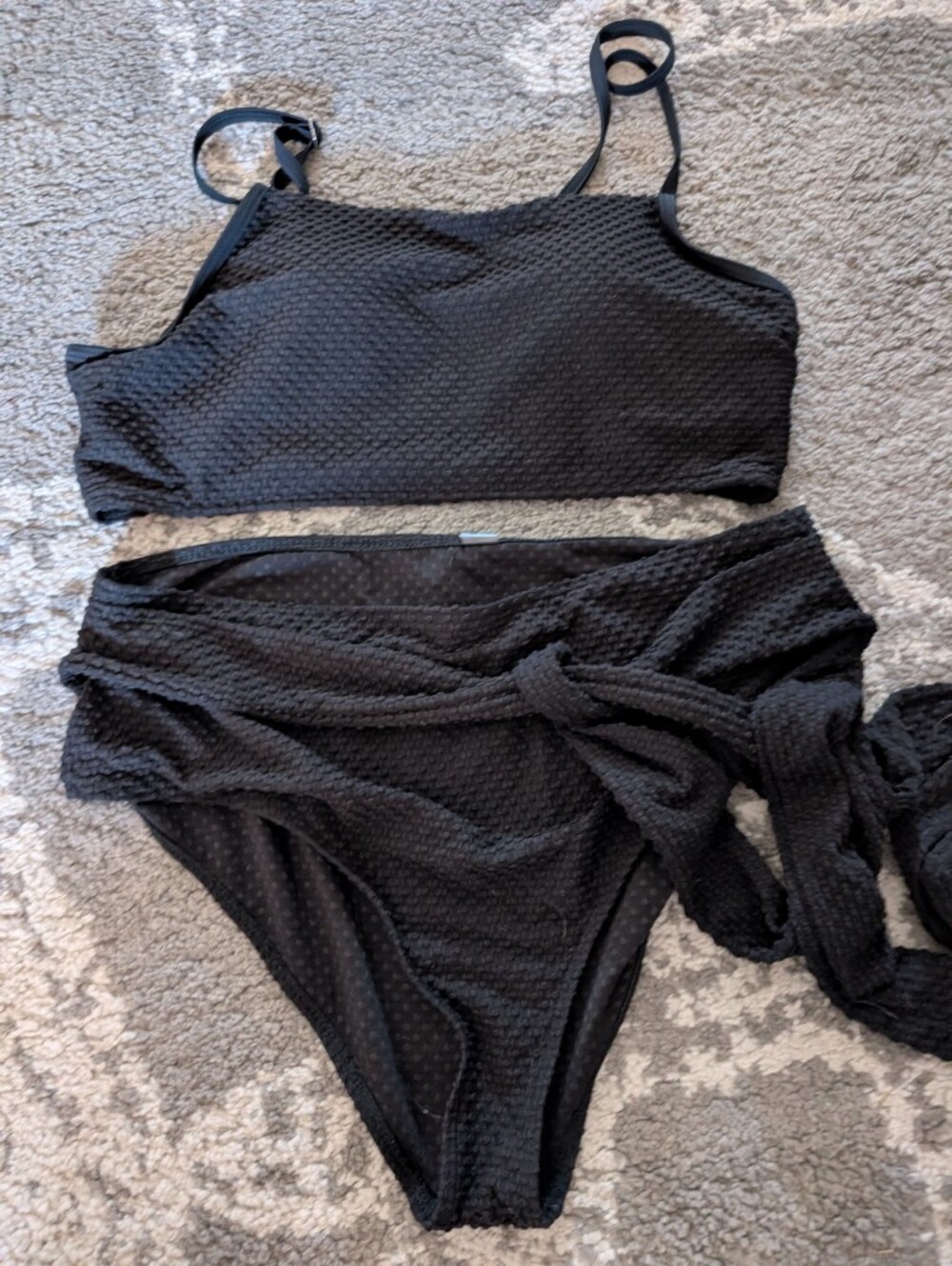 Black Textured Bikini Set with Long Belt
